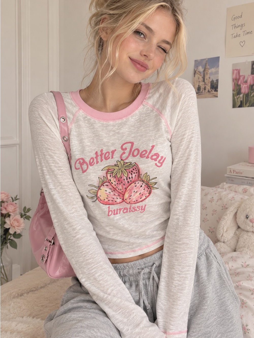 White & Pink Strawberry Graphic Long Sleeve Tee
